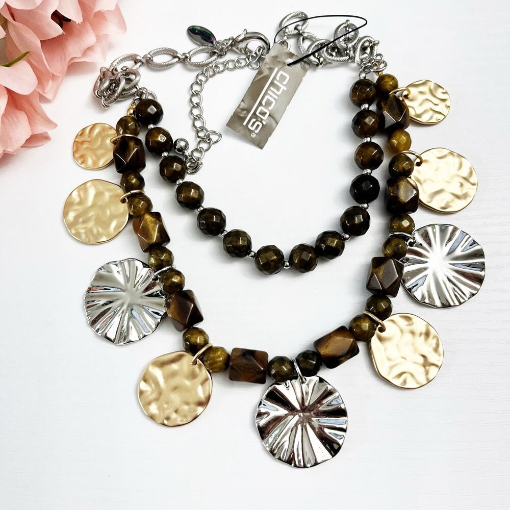 NEW Chico's Wavy Faux Tigereye Bib Necklace